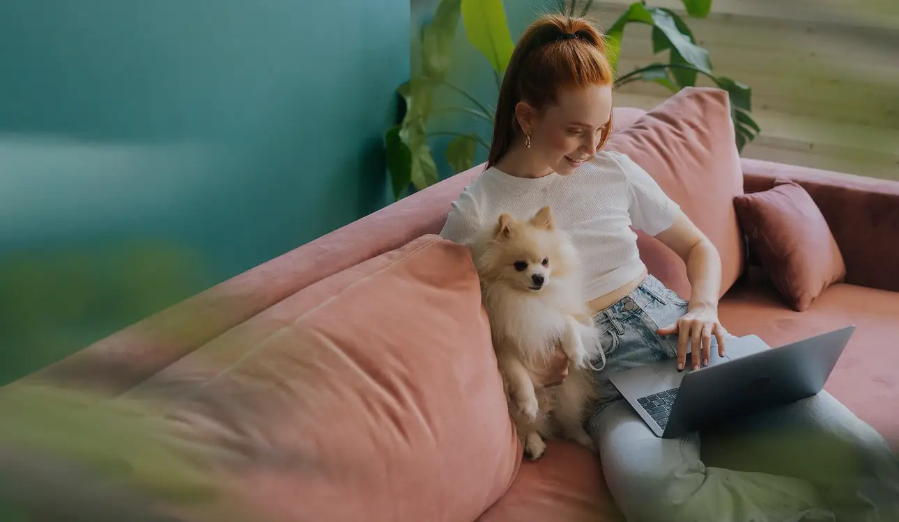 Webinare Frau mit Hund auf der Couch vor dem Laptop